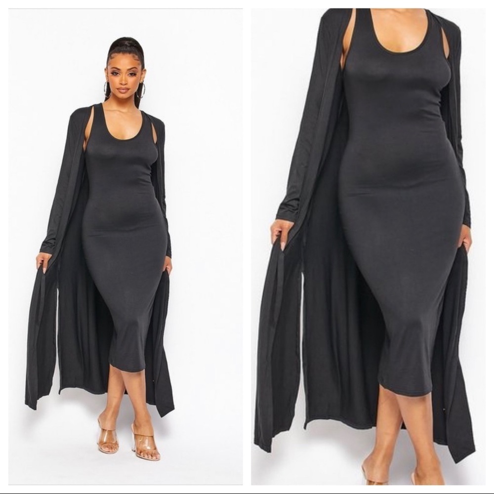 SOLID BLACK TWO PIECE TANK TOP MIDI DRESS LONG CARDIGAN SET